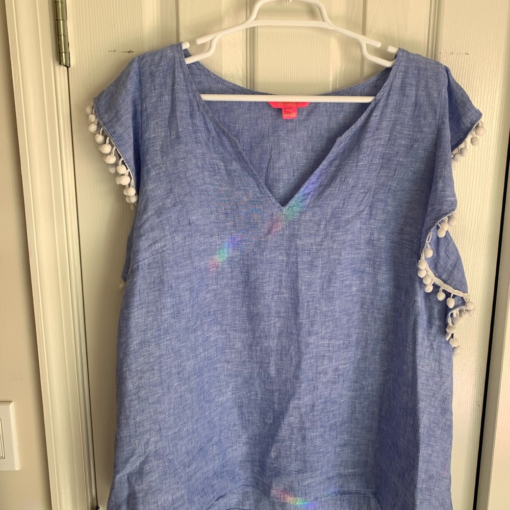 Lily Pulitzer Blue Pom-Pom Trim Women's Top